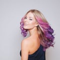 Colored hairs. Portrait of smiling women with flying . Ombre. Gradient