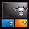 Colored halftone banner with racing skull and flag