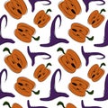 Colored Halloween cartoon seamless pattern with witch hat and jack o\'lantern pumpkin.