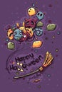 Colored Halloween doodles - Ghosts with balls on broomstick