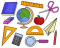 A colored hand drawn collection of school stuff isolated in a white background,illustration, student icons materials Royalty Free Stock Photo