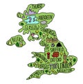 Colored Hand drawn doodle Great Britain map. England city names lettering and cartoon landmarks, tourist attractions