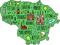 Colored Hand drawn doodle Lithuania map. Lithuanian city names lettering and cartoon landmarks, tourist attractions cliparts.