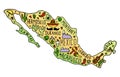 Colored Hand drawn doodle Mexico map. Mexican city names lettering and cartoon landmarks