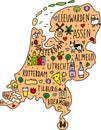 Colored Hand drawn doodle Netherland map. Holland city names lettering and cartoon landmarks, tourist attractions cliparts. travel Royalty Free Stock Photo