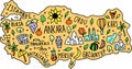 Colored hand drawn doodle Turkey map. Turkish city names lettering and cartoon landmarks, tourist attractions cliparts