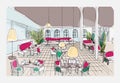 Colored hand drawn restaurant or cafe interior with checkered floor and stylish furnishings. Colorful freehand drawing