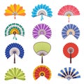 Colored hand fan. Asian beautiful paper traditional craft fashionable symbols vector collection