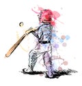 Colored hand sketch of a little boy playing baseball