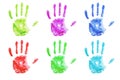 Colored handprints on white paper. Multicolored palm shapes isolate Royalty Free Stock Photo