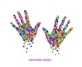 Colored hands created from the multicolored colored rounds, emotional life comcept, emotions series,