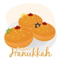 Colored happy hanukkah template with Sufganiyot food Vector