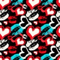 Colored hearts and lips on a black background seamless pattern