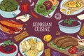 Colored horizontal background with delicious traditional meals of Georgian cuisine and place for text. Hand drawn