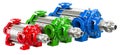 Colored horizontal multistage centrifugal pump with different power, 3D rendering Royalty Free Stock Photo