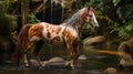 Colored Horse Walking By River: Intricate Body-painting In Unreal Engine 5 Royalty Free Stock Photo