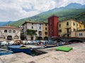 Colored houses on the marina of the town of Malcesine, lake Garda, Italy