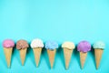 Colored ice cream cones flat lay with copy space Royalty Free Stock Photo