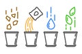 Colored icon of the four stages of planting a plant in a pot. Linear image of a flower pot in which soil and fertilizer