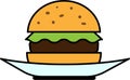 Colored icon front view hamburger with lettuce and cutlet on a plate