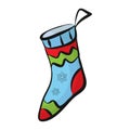 Colored icon of warm socks, snowflake decor. Flat cartoon style isolated on white background.