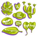 Colored icons in a bright fluorescent purple and green color. Collection of vector glossy stickers on white background. Cool