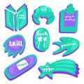 Colored icons in fluorescent purple and turquoise color. Collection of vector glossy stickers on white. Teens millenials culture.