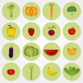 Colored icons of vegetables and fruits.