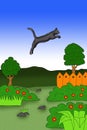 illustration of a black cat flying over the garden with alot of flower Royalty Free Stock Photo