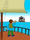 illustration of a child looking at a pirate ship from a telescope