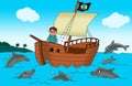 illustration of a child wearing glasses riding a boat surrounded by dolphins