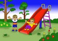 illustration of a child in a yellow shirt playing on a slide in the park