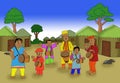 illustration children and adults playing percussion music in front of their house