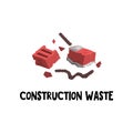 Flat vector icon of construction garbage red broken brick with frozen cement and bent steel rebar. Waste sorting and