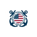 Colored illustration of crossed anchors, flag, text, stars on a white background.