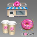 Donuts cafe items set with two cups coffee Royalty Free Stock Photo