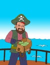 illustration of a happy pirate seeing treasure in a bag
