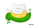 Colored illustration about health and tooth care. White healthy tooth on the circle for bathing.