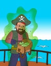 illustration of a pirate who smells happy seeing the treasure in the bag