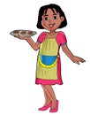 Colored illustration standing woman holding plate wirh cake