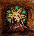 Colored illustration nun in front of ghotic window