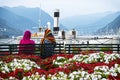 Colored islamic veils next to a colored flower bed