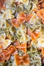 Colored italian cooked pasta farfalle tricolore abstract backdrop.