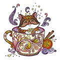 Colored kawaii cute cat in a cup