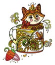 Colored kawaii cute fox in a cup