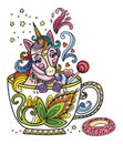 Colored kawaii cute unicorn in a cup