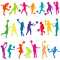 Colored kids silhouettes playing with balls Royalty Free Stock Photo