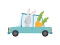 Colored kids transport with cute little bunny, rabbit or hare. Animal driving car. Cartoon animal driver, pets vehicle