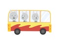 Colored kids transport with cute little wolf. Animal driving car. Cartoon animal driver, pets vehicle and happy in funny