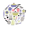 Colored kitchenware set on white background. Round composition with stylized hand drawn doodle utensil vector